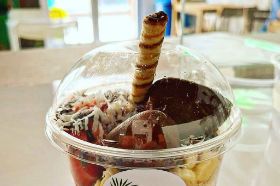 mouse: (banana, cocoa powder, almond milk, agave) fruits: strawberry, banana, coconut flakes, chocolate syrup, piruline