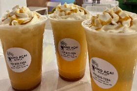 masala chai tea, almond milk, caramel syrup, whipped cream, cinnamon